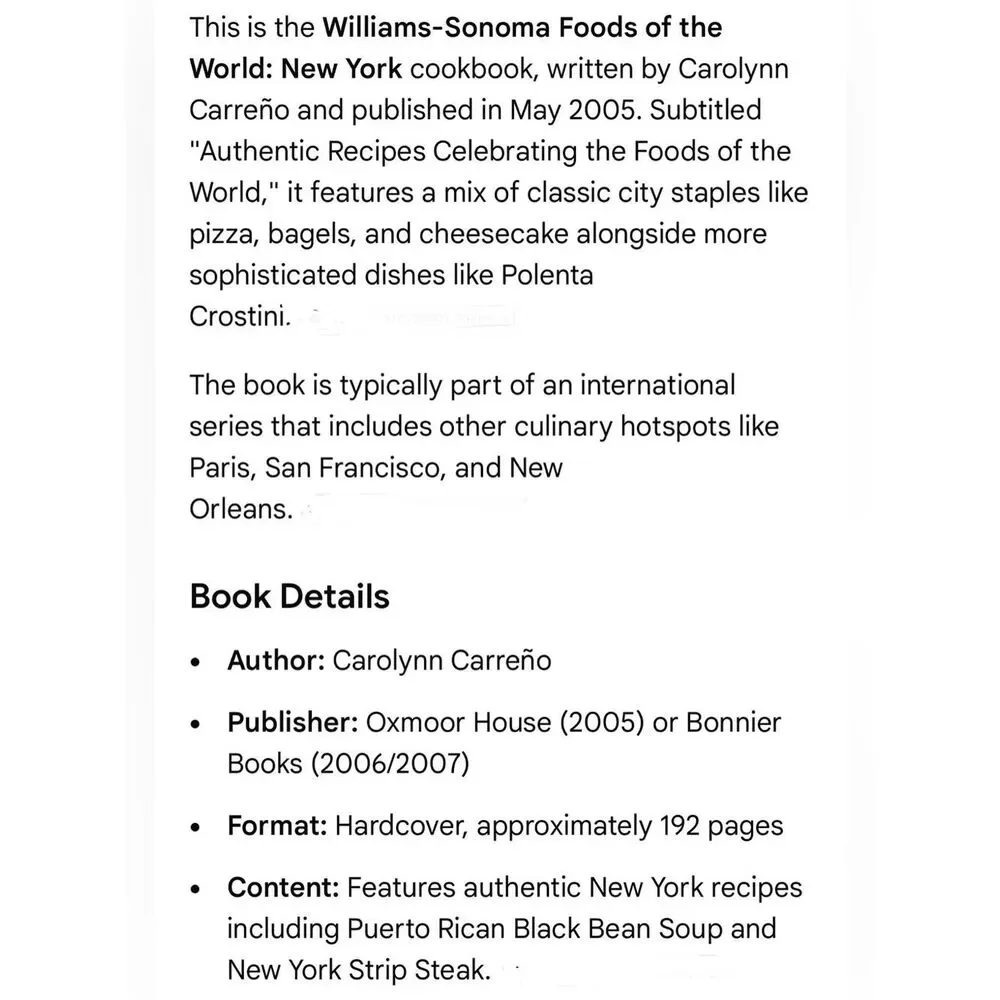 Williams-Sonoma New York Photo Recipe Book Celebrating Foods Of The World